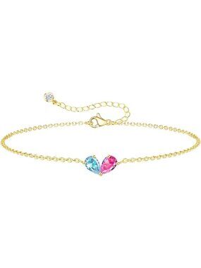03-07 March&July Gold 2 Birthstone Heart Bracelet 14K Plated CZ